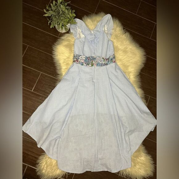 Rare Editions blue & white seersucker Sleeveless Flutter high low Dress sz 16 - Picture 6 of 8